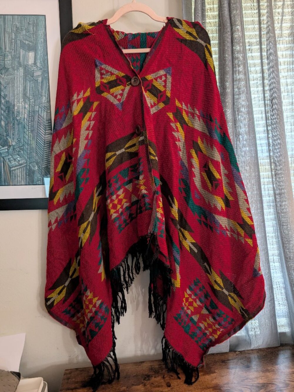 Red Multi Color Aztec Mexico Wool Poncho with Button Front and Hood One Size